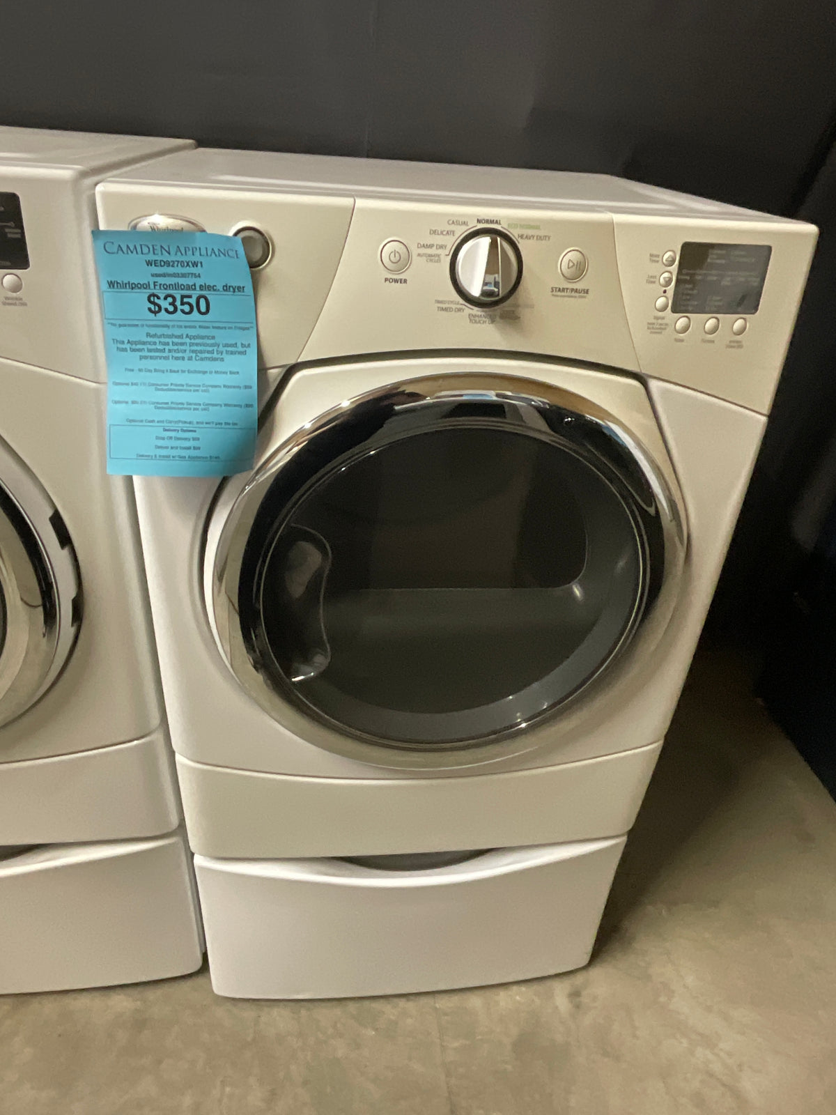 Whirlpool white frontload Elec  dryer with pedestal